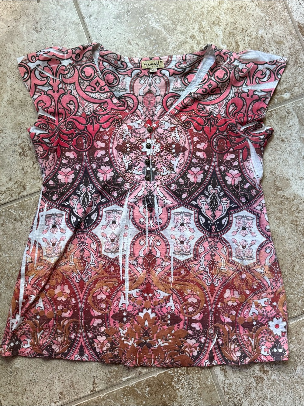 Women’s Pink Patterned Short Sleeve V-Neck Top